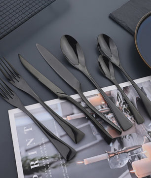 Luxe Bestekset RVS - Zwart Steakmes, Dessertlepel & Vork - Complete Tafelset