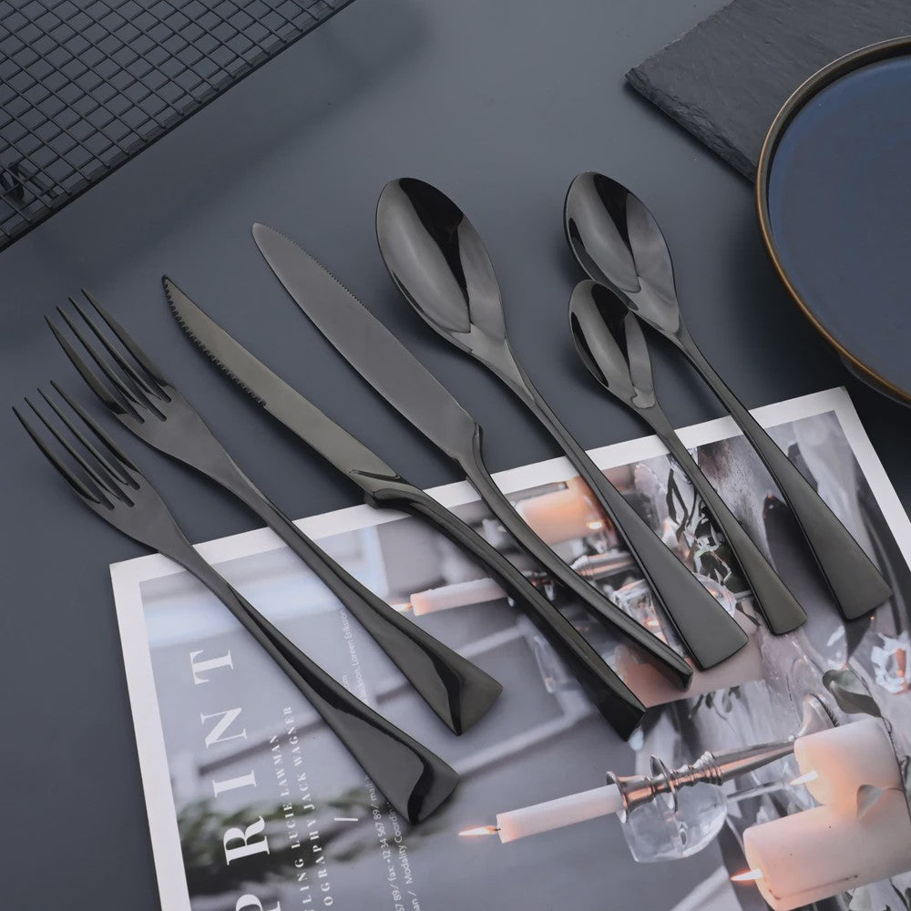 Luxe Bestekset RVS - Zwart Steakmes, Dessertlepel & Vork - Complete Tafelset