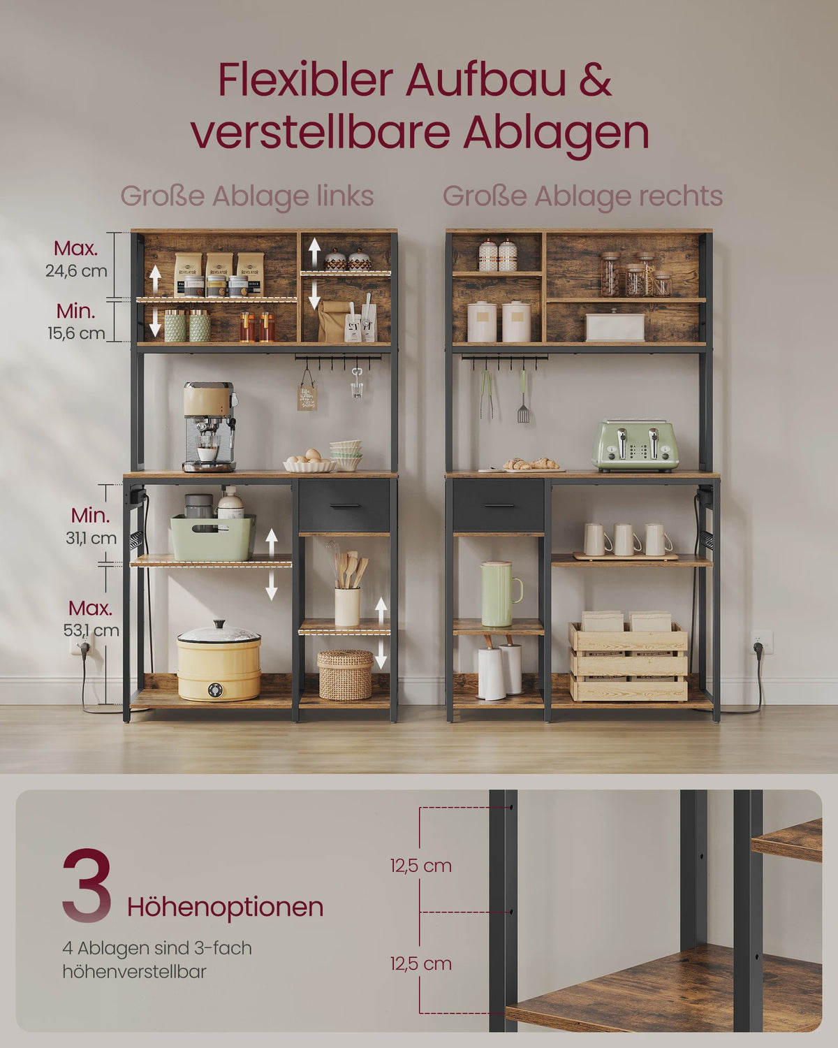 VASAGLE Keukenrek met Stopcontacten - 40x100x180.4 cm - Bruin