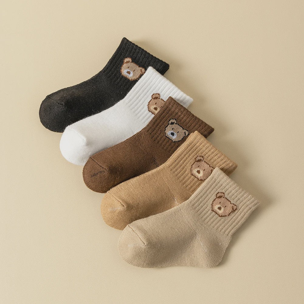 5/10 Paar Babysokjes met Schattige Beer - Zacht, Ademend & Comfortabel