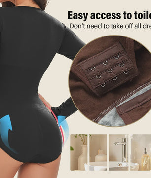POKARLA Spandex Elastic Body Suit Shapewear Women Body Shaper Tummy Control Long Sleeve Open Crotch Round Neck Seamless Shapers