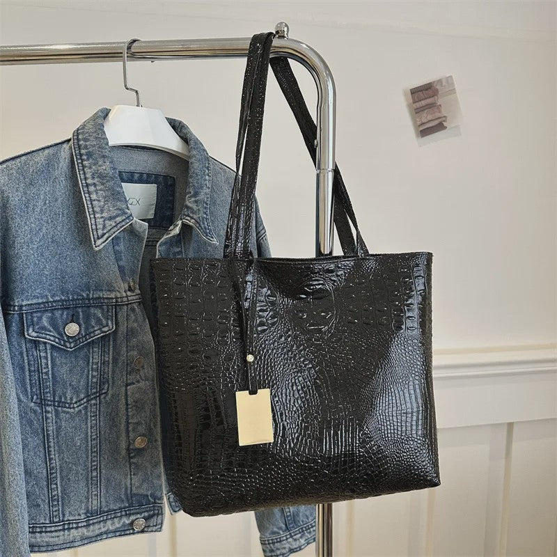 Luxe Dames Handtas Schoudertas Croco Print PU Leer Groot Formaat – Verkrijgbaar in Zilver, Goud, Zwart