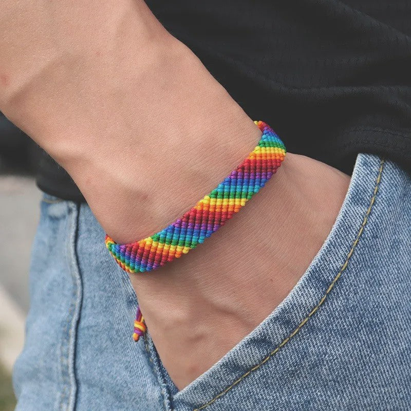 Fashion LGBT Bracelet Men Women Rainbow Rope Braclets Handmade Woven Strings Ethnic Brass Jewelry Bestie Gift Adjustable