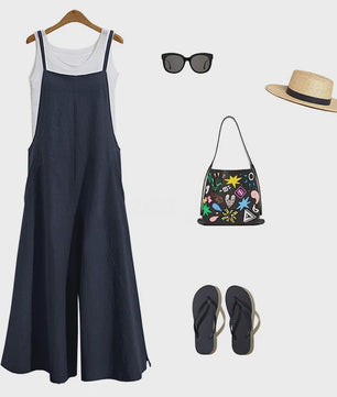 Dames Jumpsuit Zomer Mouwloos Katoen Linnen met Wijde Pijpen - Casual en Comfortabel