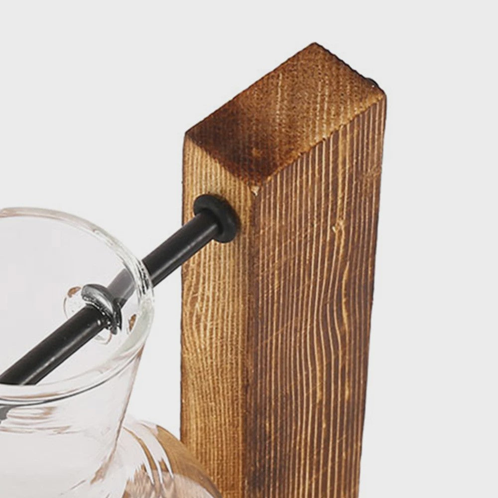 Glazen Vaas met Houten Standaard - Hydroponische Plantenbak voor Bureau & Tafel
