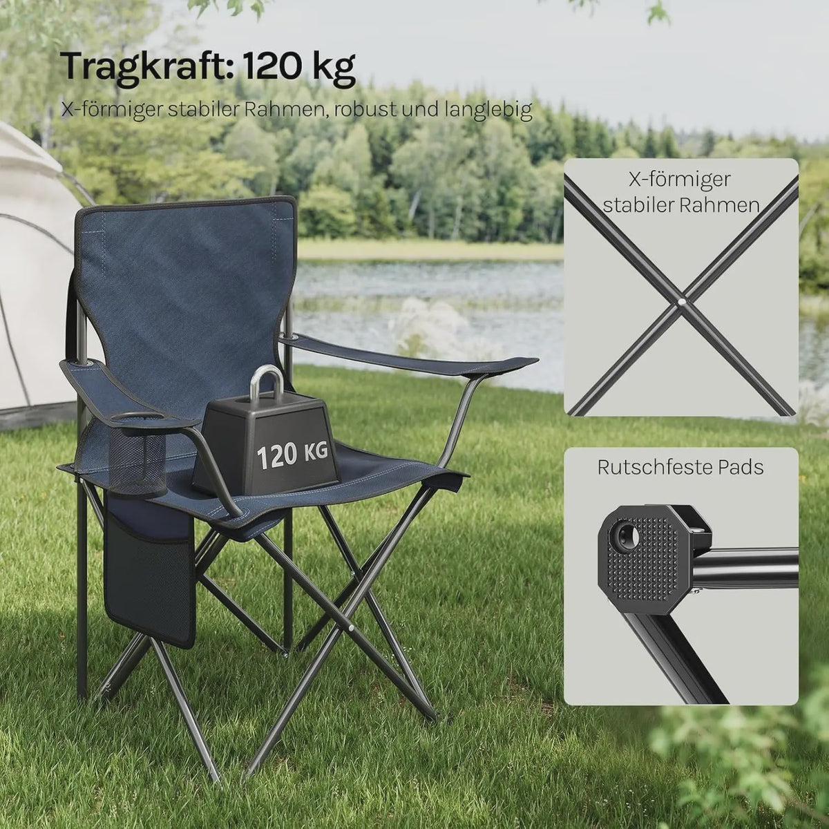 Set van 2 Campingstoelen met Drankhouder en Zijvak - Inclusief Draagtassen