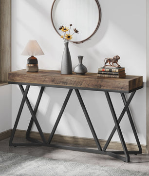 Industriële Console Tafel 140cm - Landelijke Entree Tafel met Unieke Metalen Poot