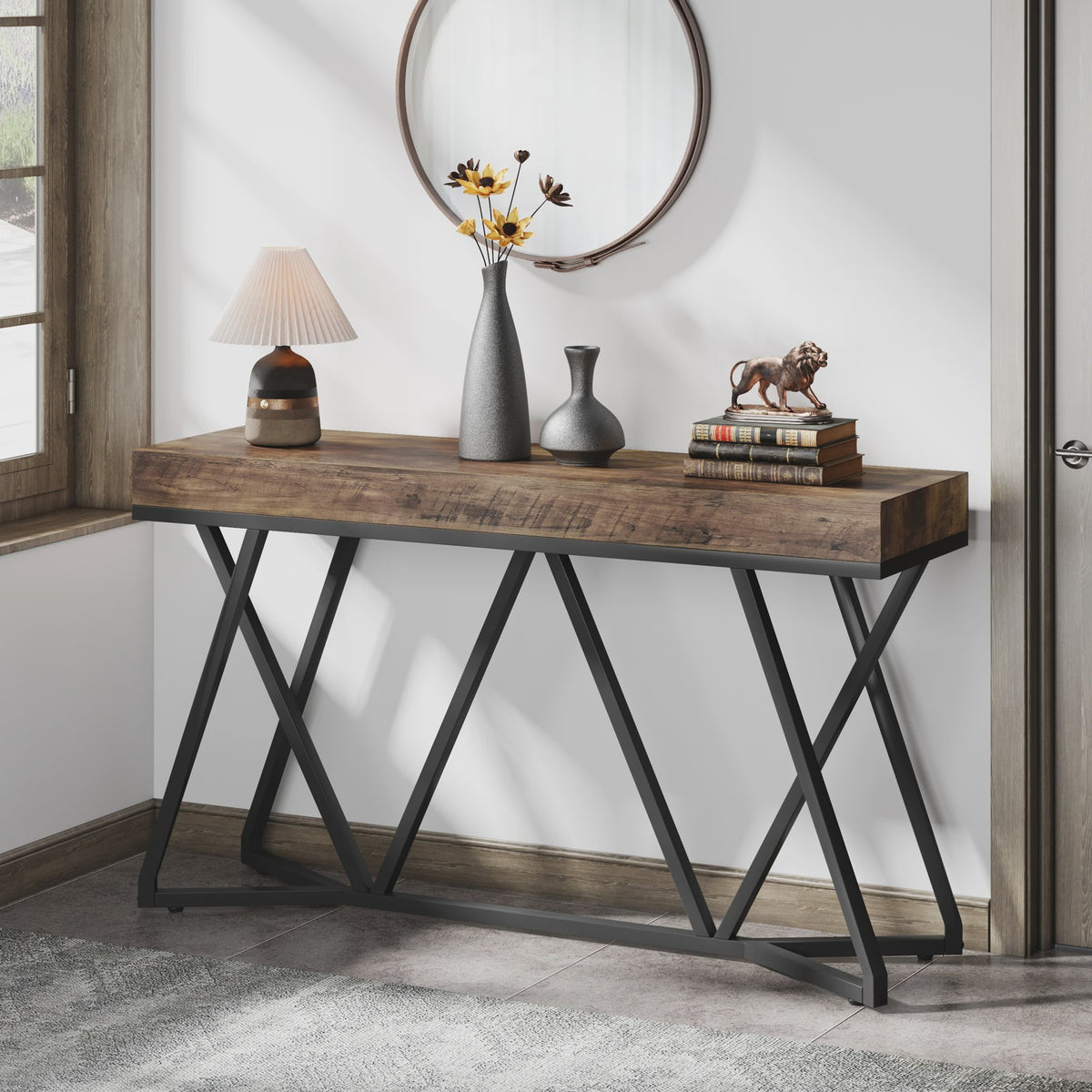 Industriële Console Tafel 140cm - Landelijke Entree Tafel met Unieke Metalen Poot