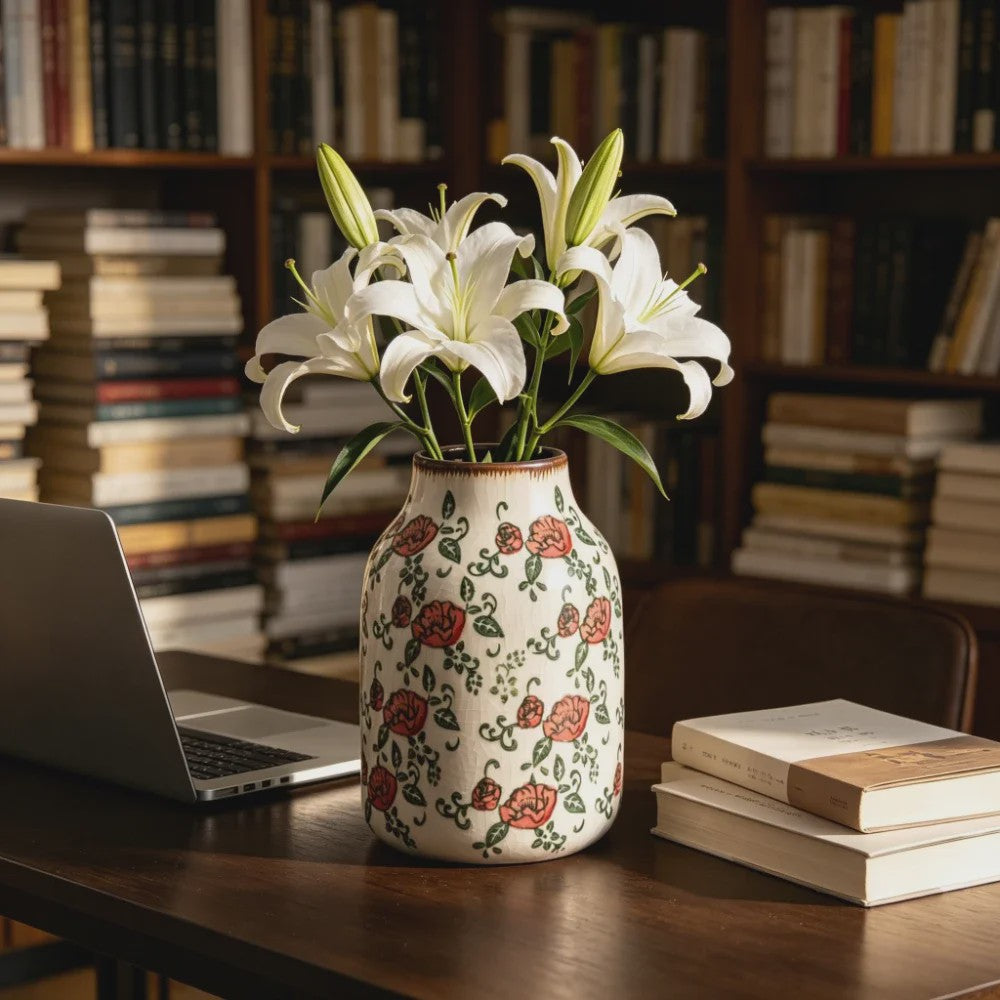 Handgemaakte Keramische Vaas met Vintage Chinese Bloemenprint - Decoratief Porselein