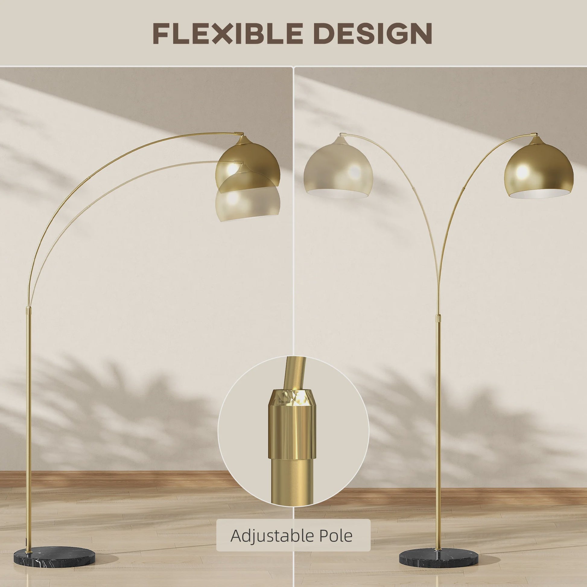 Moderne Boog Vloerlamp Goud - Verstelbaar, E27 Fitting, Voetschakelaar - Stijlvolle Leeslamp voor Woonkamer, Slaapkamer, Kantoor (110-180cm)
