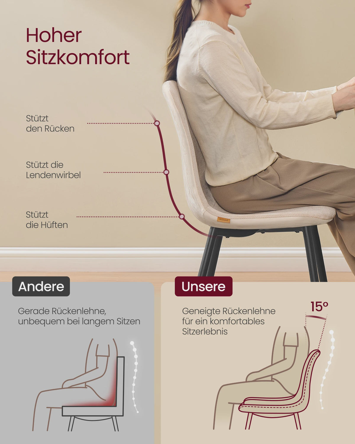 Set van 2 VASAGLE Eetkamerstoelen - Crèmekleurig Gestoffeerd met Metalen Poten