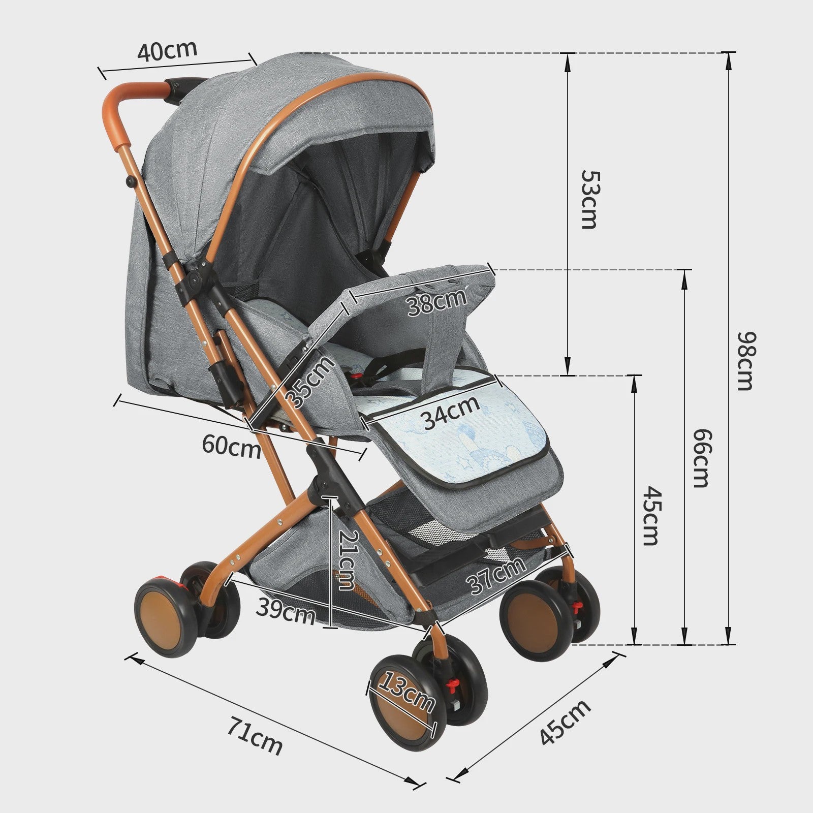 Draagbare Baby Kinderwagen met Muggennet, Opbergmand & 4 Wielen