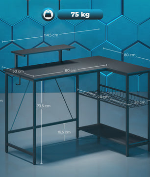HOMCOM Gaming Hoekbureau met Monitorstandaard en Verstelbare Nettenplank - 114,5x82 cm, Omkeerbaar