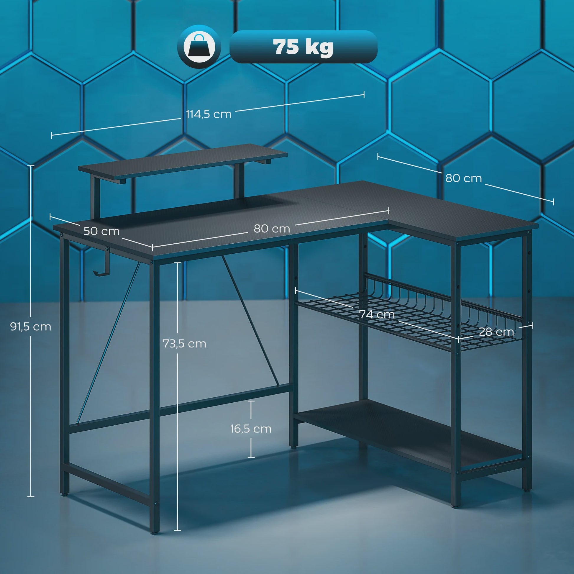 HOMCOM Gaming Hoekbureau met Monitorstandaard en Verstelbare Nettenplank - 114,5x82 cm, Omkeerbaar
