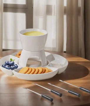 Keramische Fondue Set met Dienblad en Vorken - Voor Kaas, Chocolade en Snacks