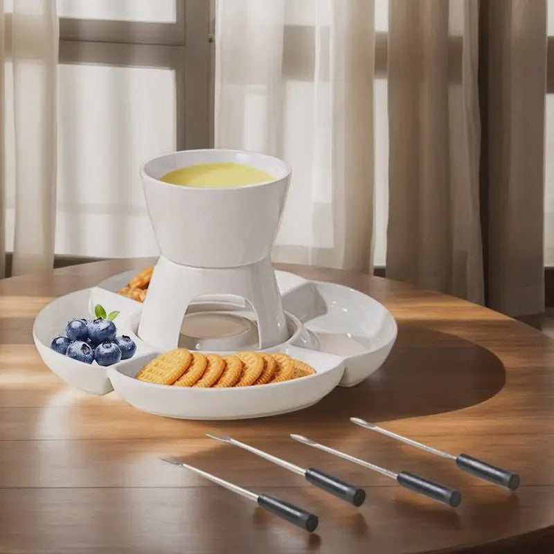 Keramische Fondue Set met Dienblad en Vorken - Voor Kaas, Chocolade en Snacks