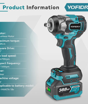 YOFIDRA Accu Klopboormachine 1200Nm Brushless - 5 Versnellingen, Draadloos, voor Makita 18V Accu