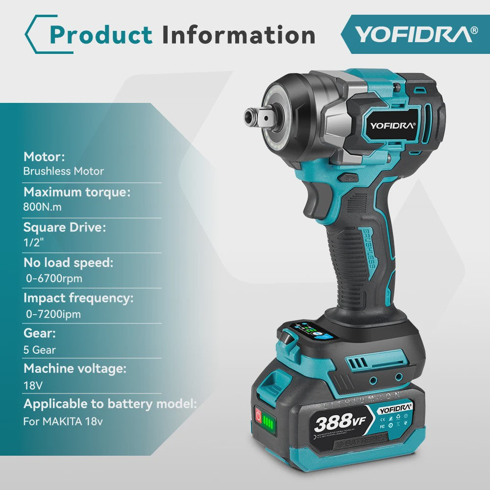 YOFIDRA Accu Klopboormachine 1200Nm Brushless - 5 Versnellingen, Draadloos, voor Makita 18V Accu