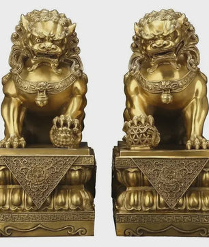 Set van 2 Koperen Feng Shui Leeuw Beeldjes - Symbool van Bescherming en Welvaart