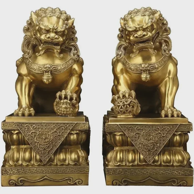 Set van 2 Koperen Feng Shui Leeuw Beeldjes - Symbool van Bescherming en Welvaart
