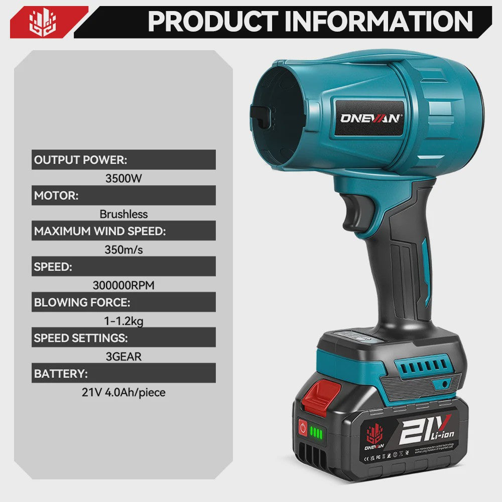 ONEVAN 3500W Krachtige Accu Bladblazer & Stofzuiger - 350M/S - Borstelloze Motor - Compatibel met Makita 18V
