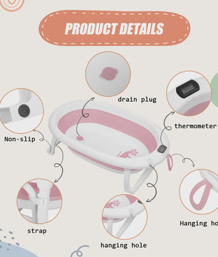 Opvouwbaar Babybadje met Ergonomisch Zitje, Thermometer & Ondersteuning (0-18 mnd) - Grijs/Blauw/Roze