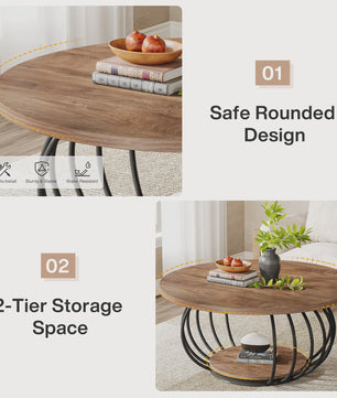 Industriële Ronde Salontafel met 2 Niveaus - 100cm - Houtlook & Metaal