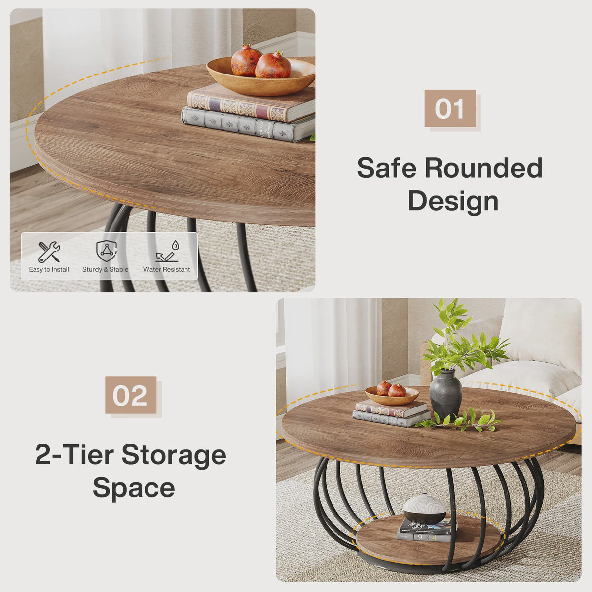 Industriële Ronde Salontafel met 2 Niveaus - 100cm - Houtlook & Metaal