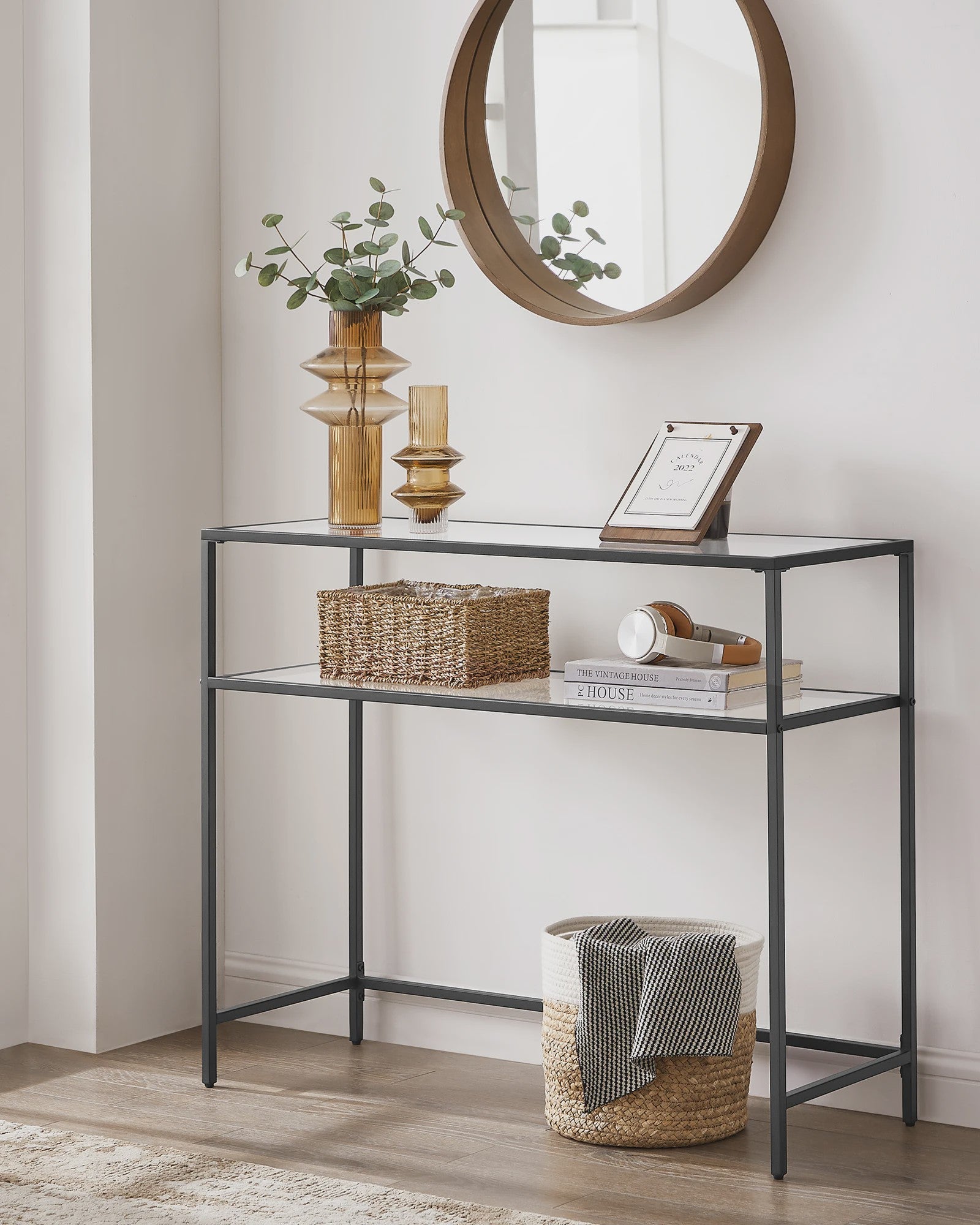 VASAGLE Console Tafel met 2 Glazen Legborden - Goudkleurig Metaal - 100x35x80 cm