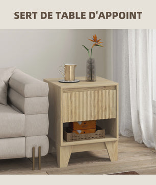 Set van 2 Smalle Nachtkastjes met Lade en Open Vak - Natuurlijk Hout-look met Gegroefde Panelen