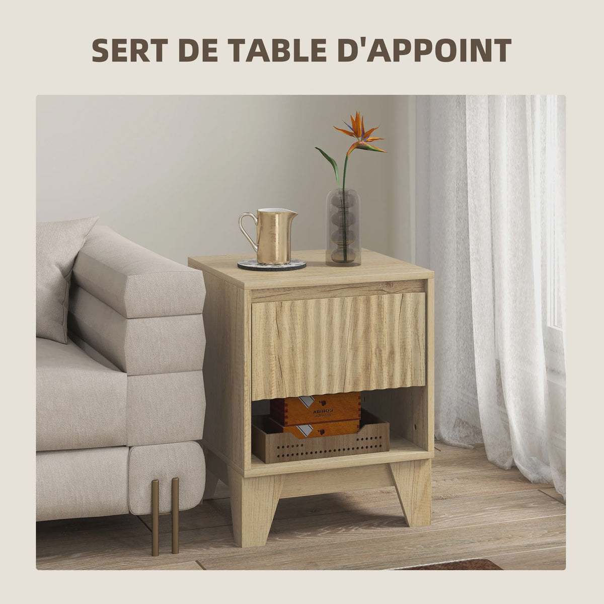 Set van 2 Smalle Nachtkastjes met Lade en Open Vak - Natuurlijk Hout-look met Gegroefde Panelen