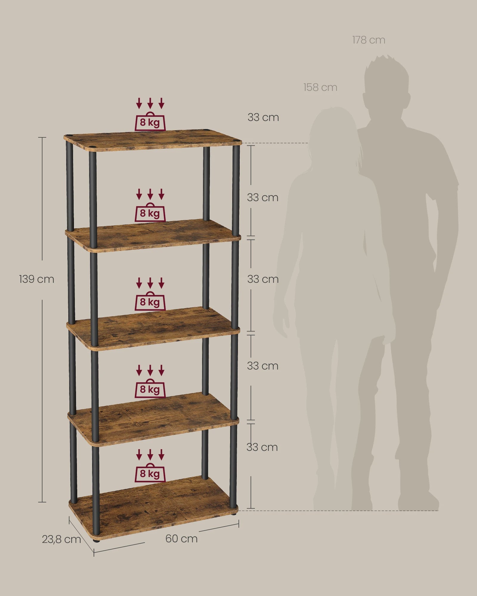 Industriële Stellingkast 5 Niveaus - 60x23.8x139 cm - Bruin-Zwart