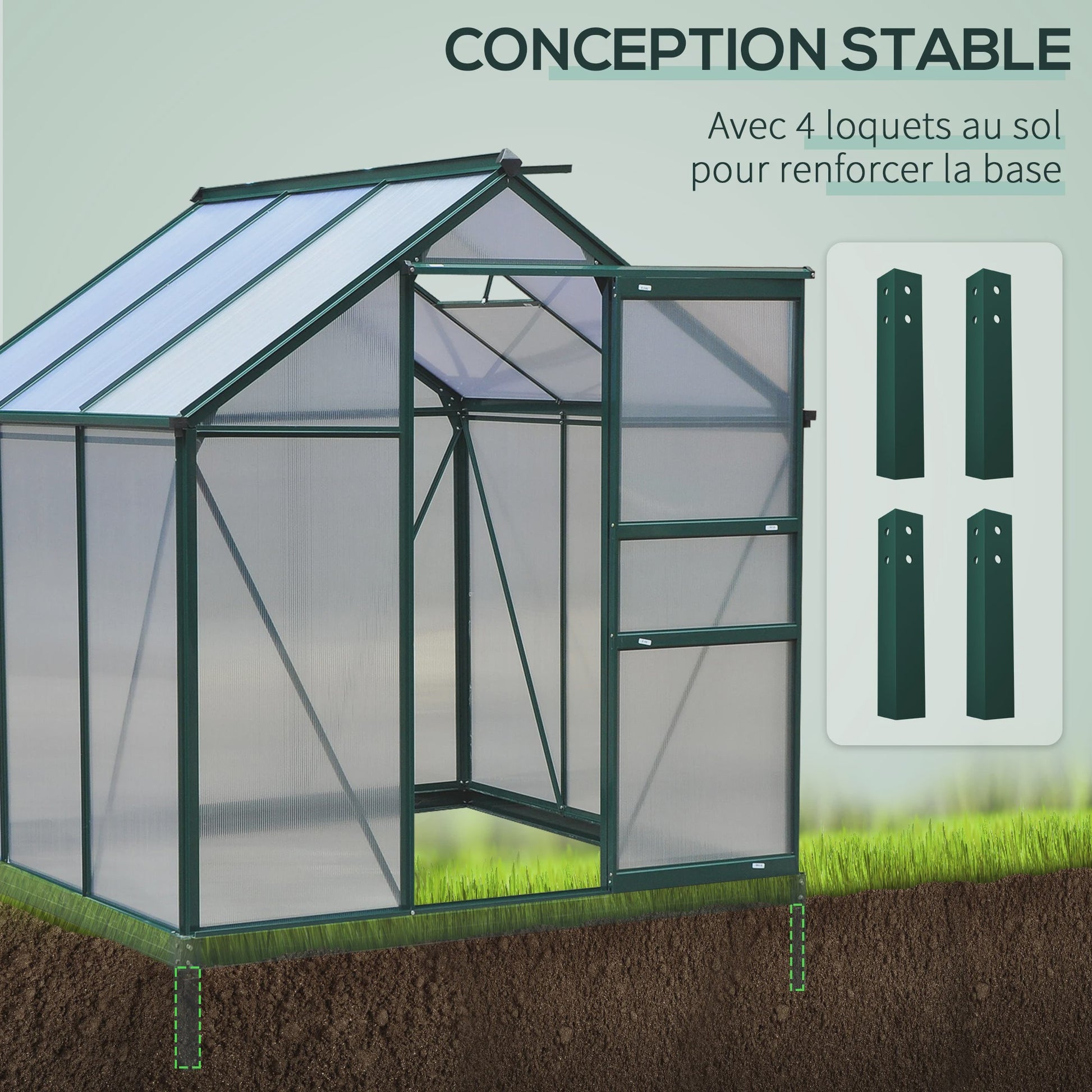 Outsunny Polycarbonaat Tuinkas 190x201 cm UV-bestendig met Dakgoot - Donkergroen