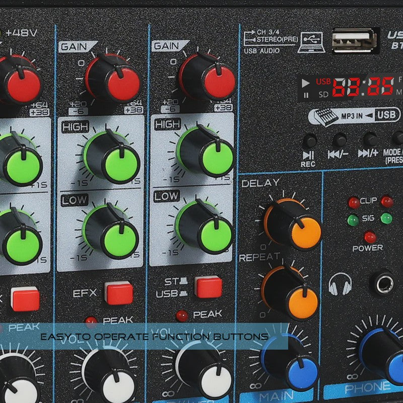 4-Kanaals DJ Mixer Console met Bluetooth, USB en 48V Fantoomvoeding
