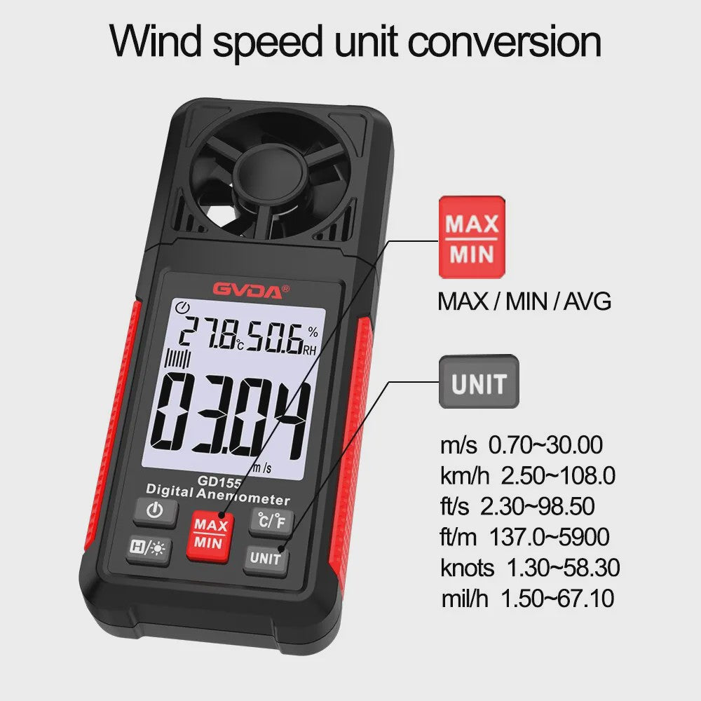 GVDA GD155 Digitale Windsnelheidsmeter met Temperatuur & Vochtigheid, LCD Achtergrondverlichting