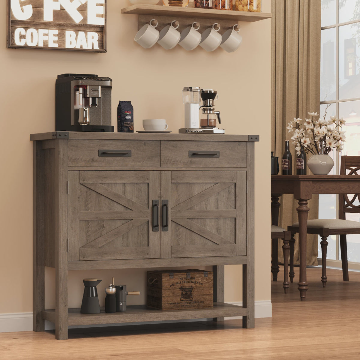 Moderne Landelijke Console Tafel met Koffiebar - 2 Lades, 2 Deuren & Open Plank