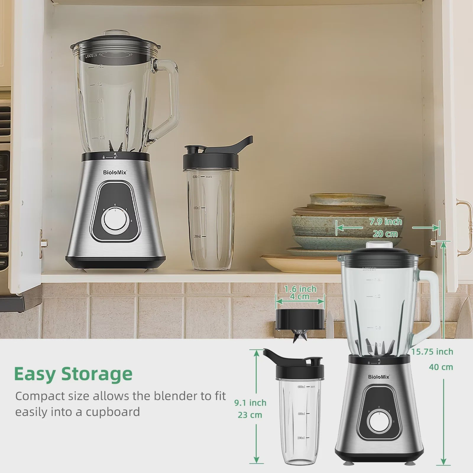 BioloMix Krachtige Blender 1300W met Glazen Kan (1.5L) - Perfect voor Smoothies & Sauzen