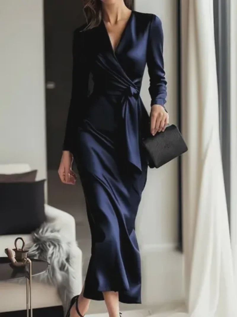 Elegante Damesjurk met Lange Mouwen en Tailleband - Hepburn Stijl