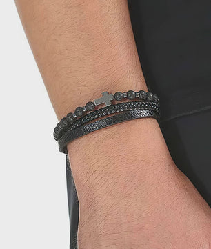 Vintage Heren Leren Armband met Kruis & Tijgeroog Kralen - Punk Stijl