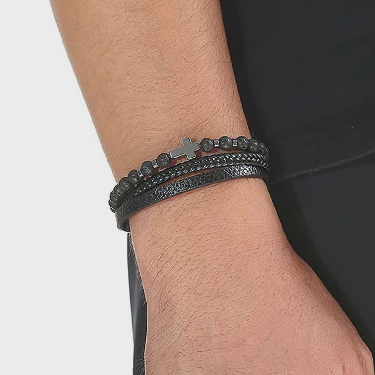 Vintage Heren Leren Armband met Kruis & Tijgeroog Kralen - Punk Stijl