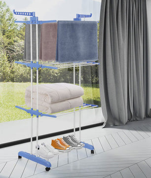 3-Laags Kledingrek op Wielen - Dubbele Stang, Opvouwbaar Droogrek voor Binnen & Buiten - 75x64x170cm