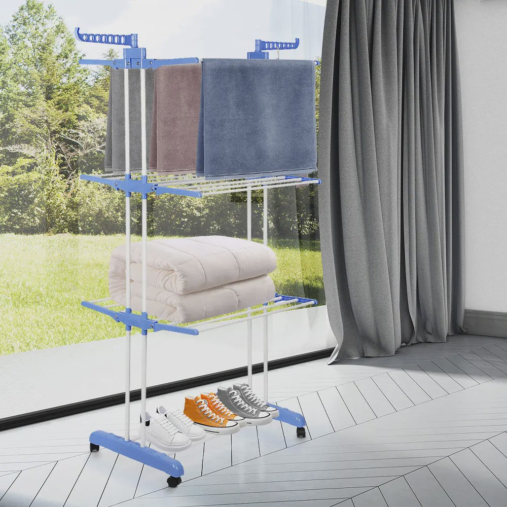 3-Laags Kledingrek op Wielen - Dubbele Stang, Opvouwbaar Droogrek voor Binnen & Buiten - 75x64x170cm