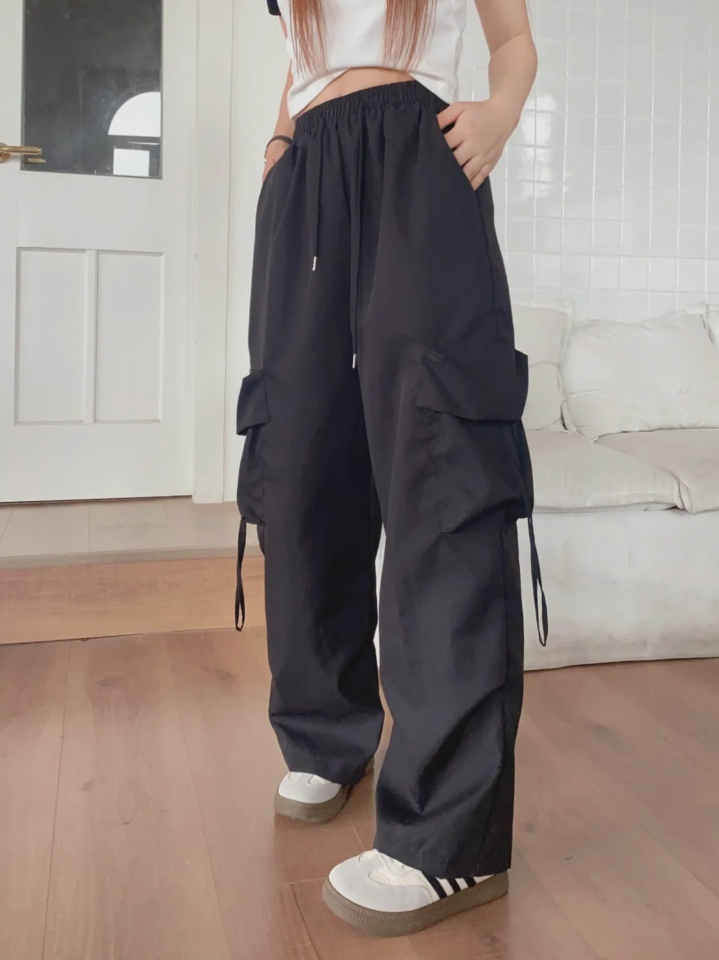 Oversized Cargo Jogger Broek Dames - Vintage Stijl Hoge Taille Zwart