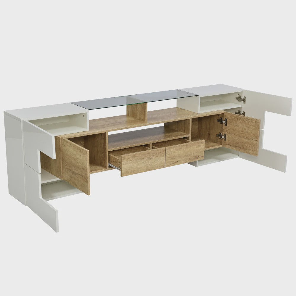 Modern TV meubel 200cm hoogglans wit met LED verlichting en glazen blad