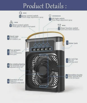 Draagbare 3-in-1 Air Cooler Ventilator met Vernevelaar en LED Nachtlampje