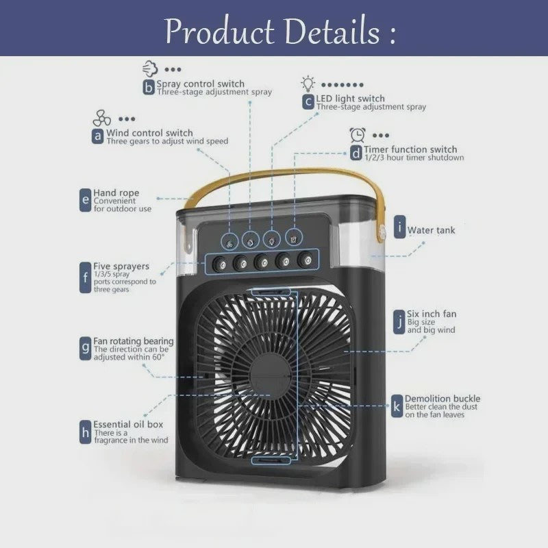 Draagbare 3-in-1 Air Cooler Ventilator met Vernevelaar en LED Nachtlampje
