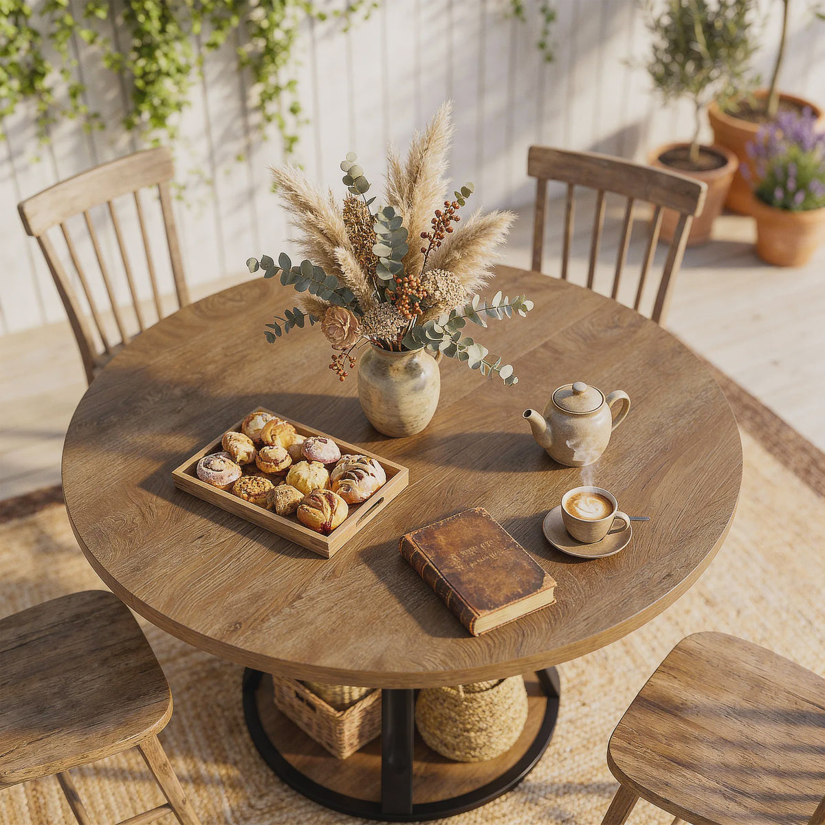 Ronde Eettafel 4 Personen met 2-Laags Opslag - Landelijke Stijl, Ruimtebesparend