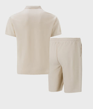 Zomerse Wafel Set: Poloshirt met Rits en Shorts