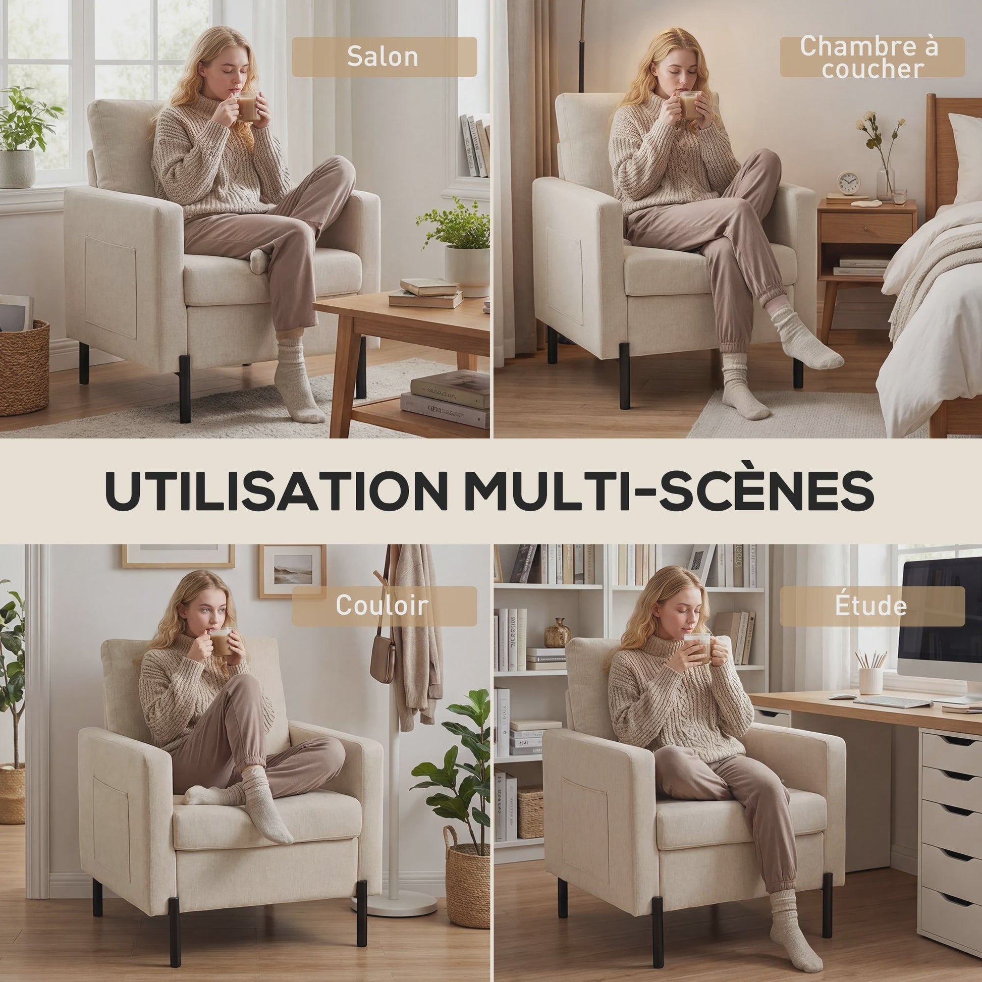 Comfortabele Beige Fauteuil met Armleuningen en Stalen Poten - Stijlvol en Duurzaam