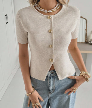 Dames Cardigan met Korte Mouwen, V-Hals en Knopen - Elegant & Minimalistisch